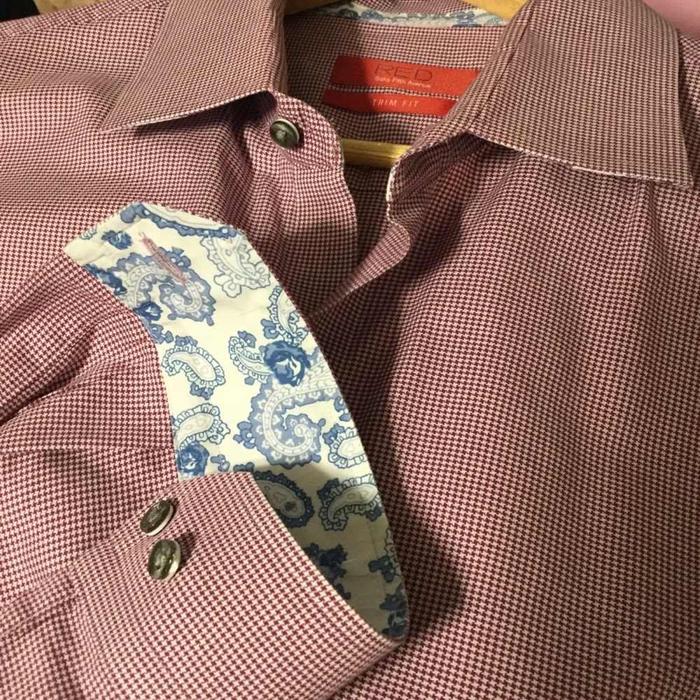 SAKS FIFTH AVENUE sz 18 Shirt Button Up Trim Fit  Red Long Sleeve